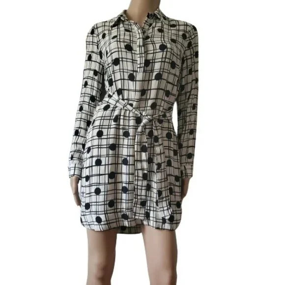 Cynthia Steffe Women's Navy Blue Polka Dot Plaid White Shirt Shift Dress Size 2 - Picture 3 of 14